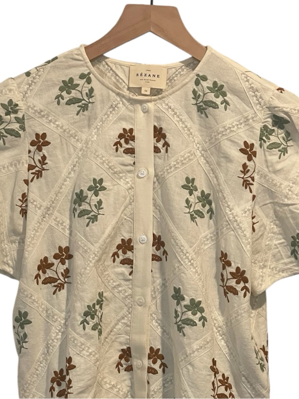 Sezane Amade Button Front Short Sleeve Top in Ecru With Embroidered Flowers, 34 - Picture 16 of 16